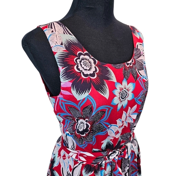 Talbots Red Jacquard Floral Tie Waist Fit & Flare Dress 10P Cotton Preppy Summer - Picture 7 of 16